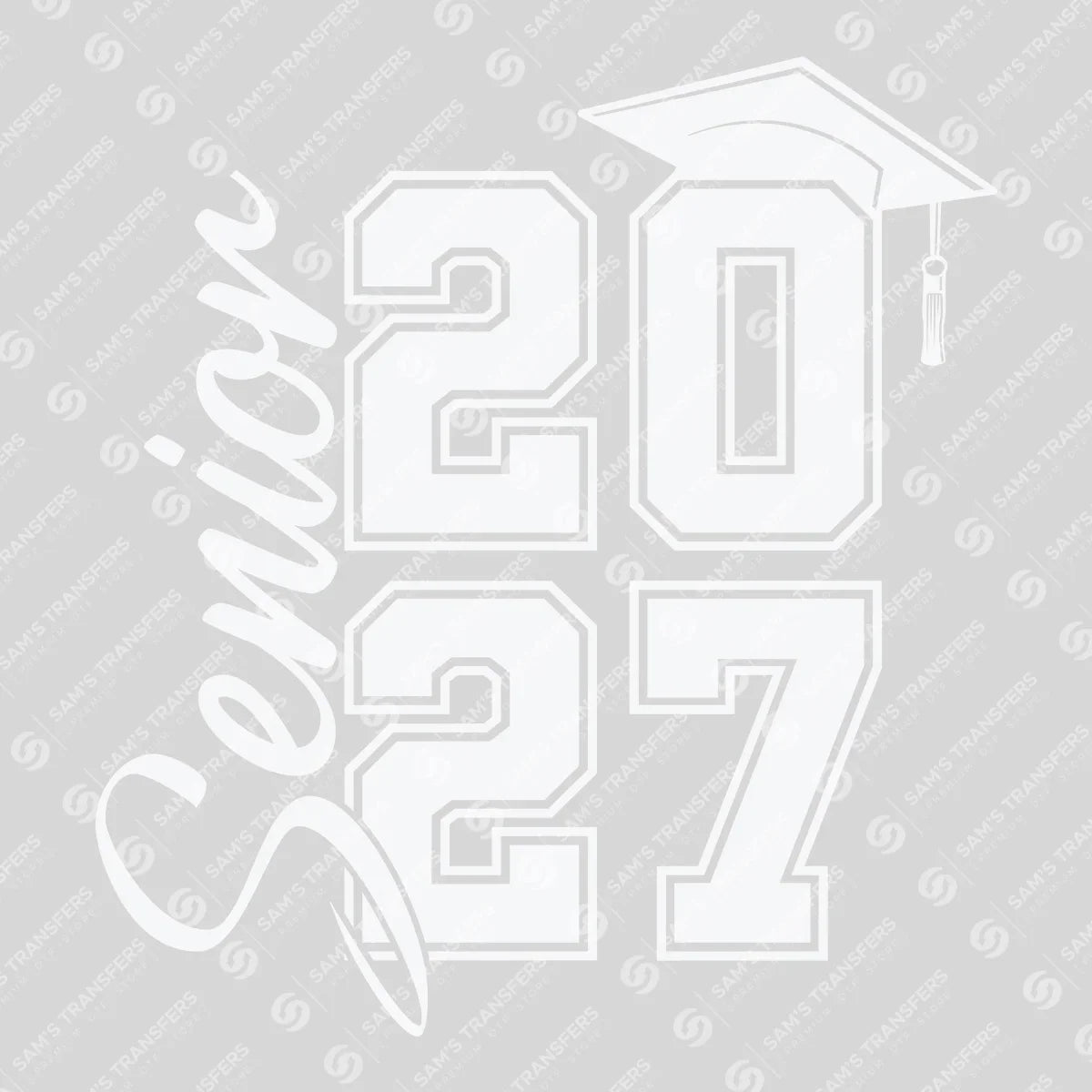 Apparel featuring a Senior 2027 Stacked Script White-themed DTF transfer.