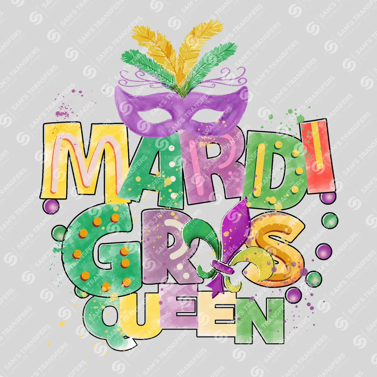 Apparel featuring a Mardi Gras Queen-themed DTF transfer.
