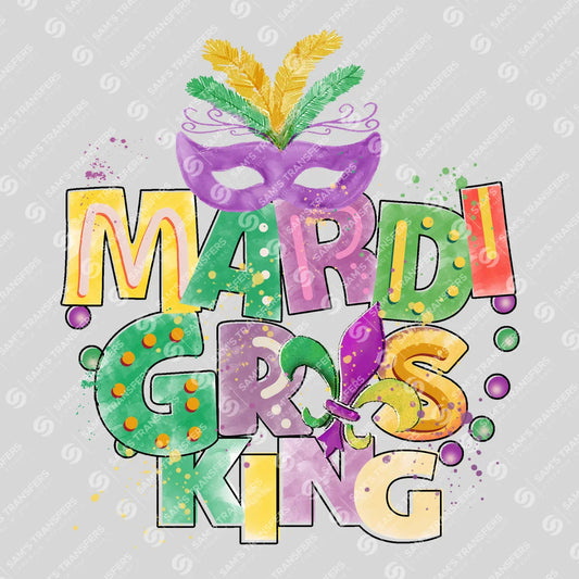 Apparel featuring a Mardi Gras King-themed DTF transfer.