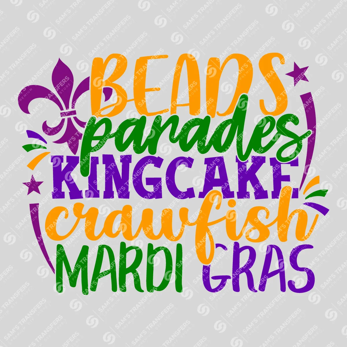 Apparel featuring a Beads Parades Kingcake Crawfish Mardi Gras-themed DTF transfer.