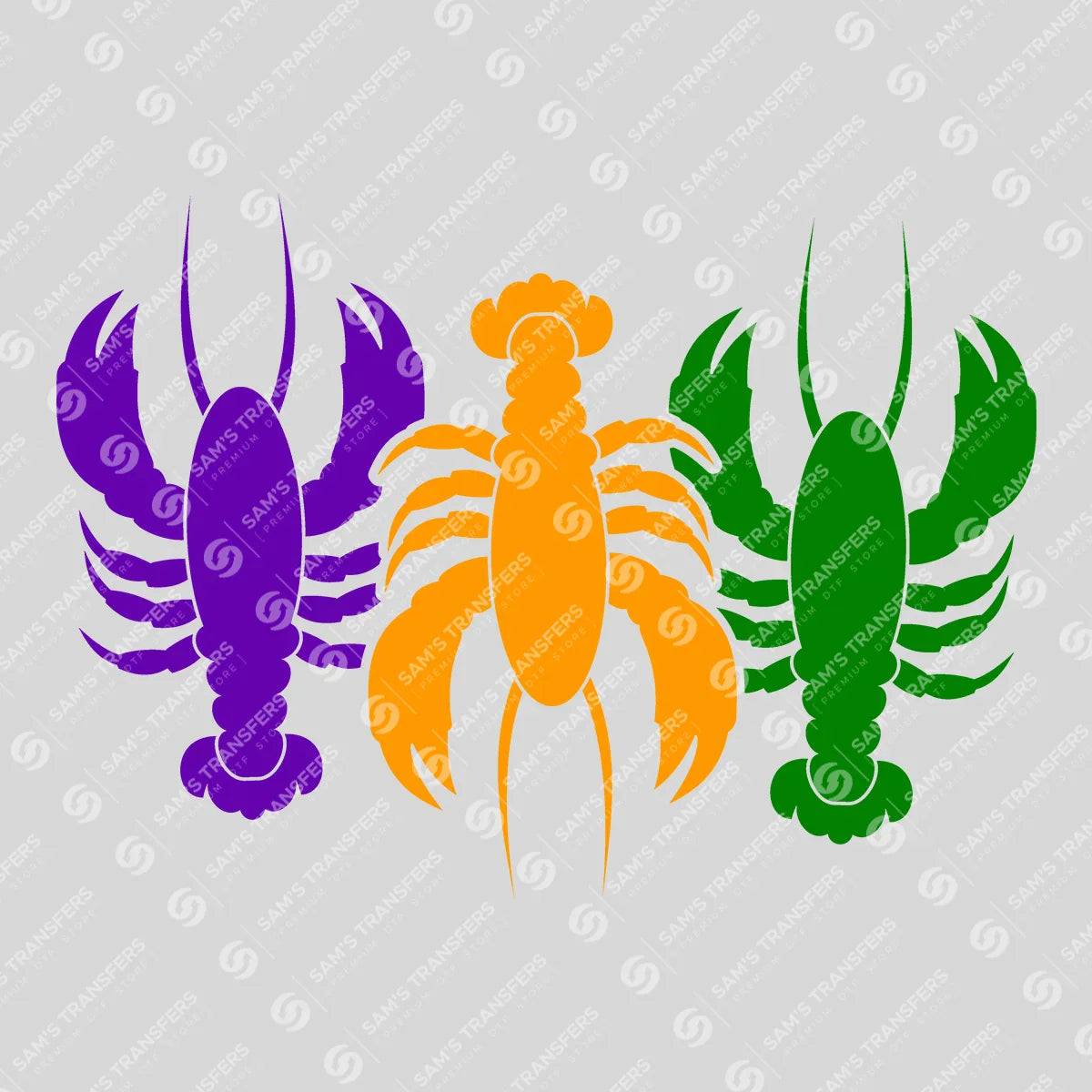 Apparel featuring a Mardi Gras Crawfish Trio-themed DTF transfer.
