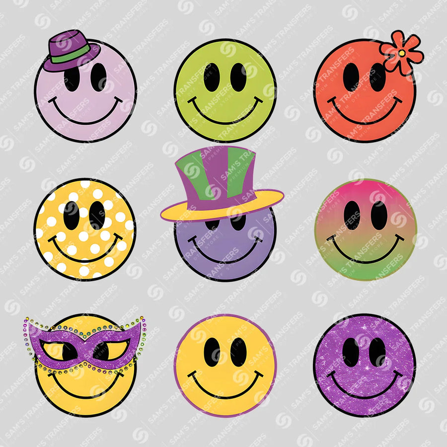 Mardi Gras Smiley Faces Ready-to-Press DTF Transfer | SAT01009