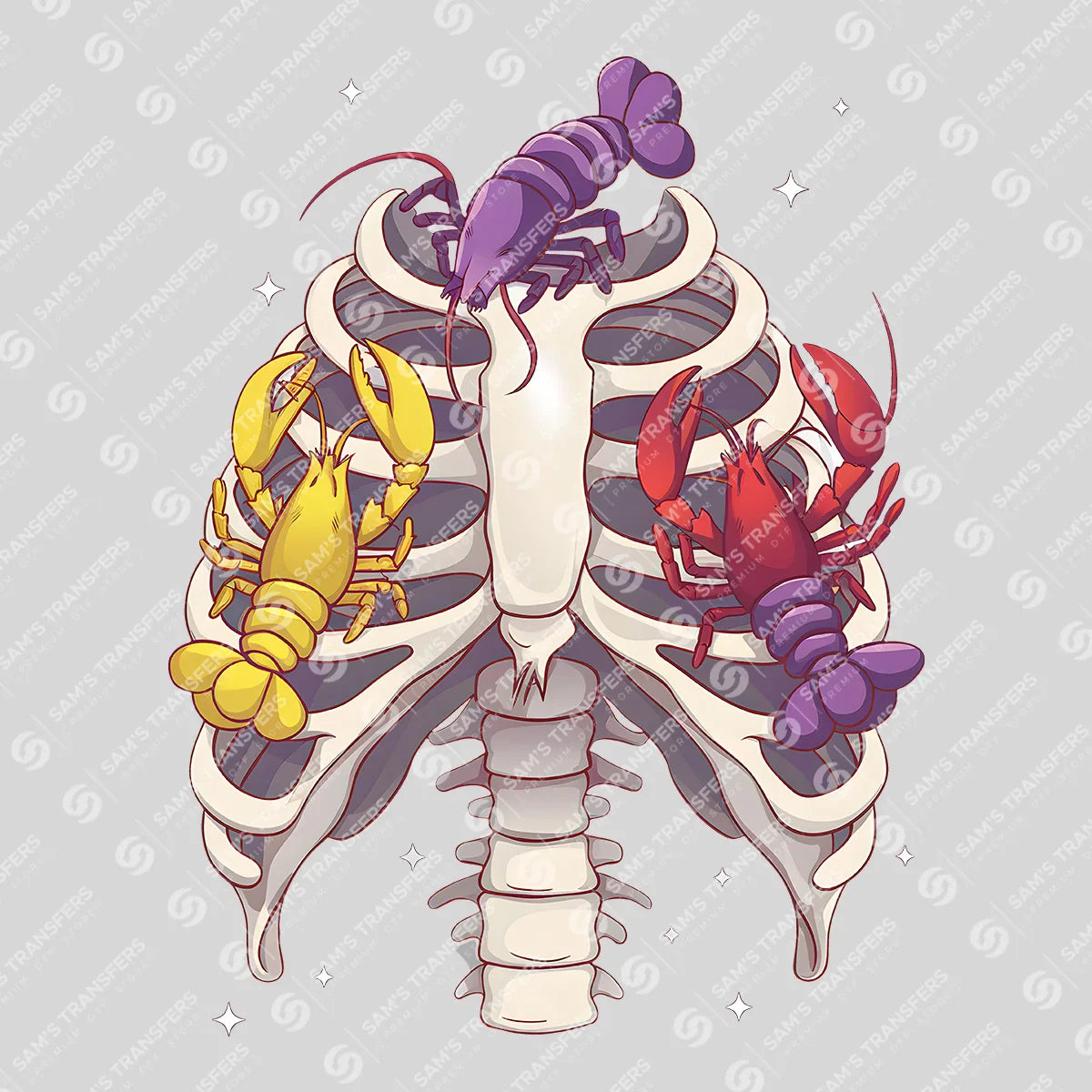 Apparel featuring a Mardi Gras Crawfish Ribcage-themed DTF transfer.