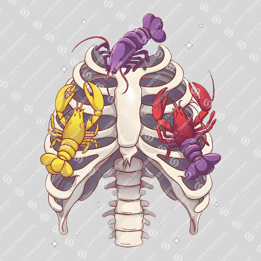 Apparel featuring a Mardi Gras Crawfish Ribcage-themed DTF transfer.