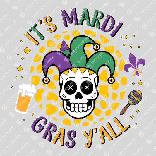 Apparel featuring a It's Mardi Gras Y'all-themed DTF transfer.
