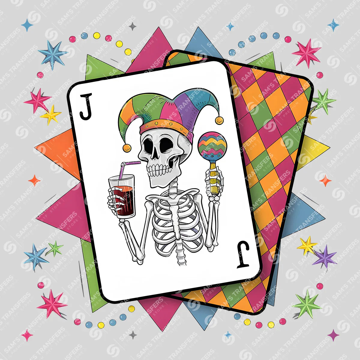 Apparel featuring a Mardi Gras Jester Card-themed DTF transfer.