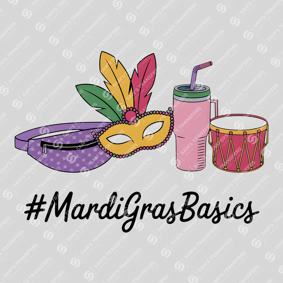 Apparel featuring a Mardi Gras Basics-themed DTF transfer.