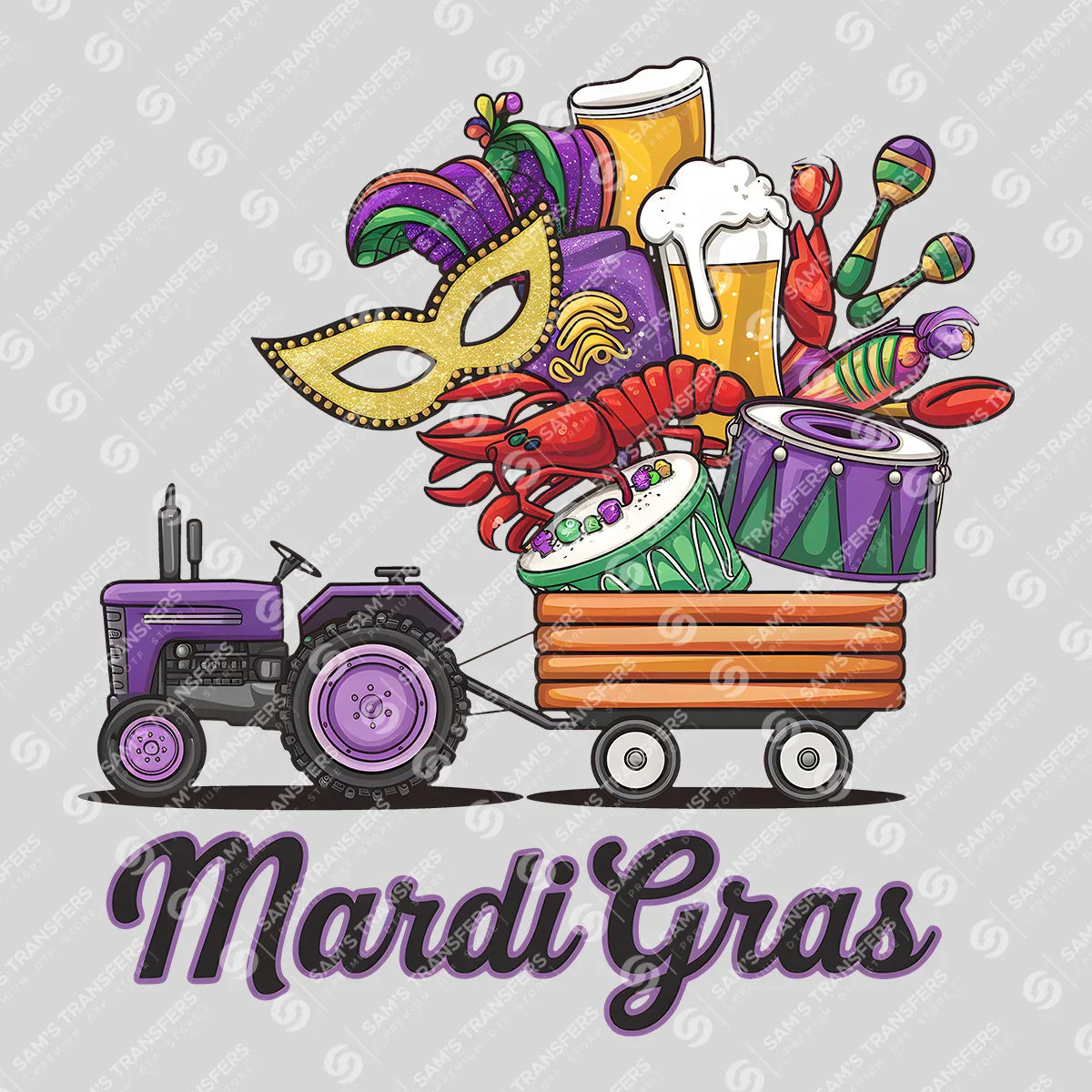 Apparel featuring a Mardi Gras Tractor-themed DTF transfer.
