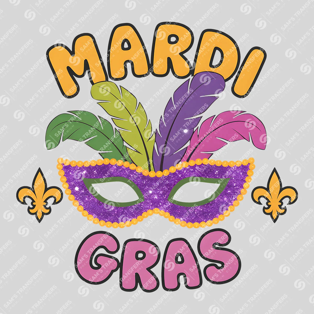 Apparel featuring a Mardi Gras Feather Mask-themed DTF transfer.