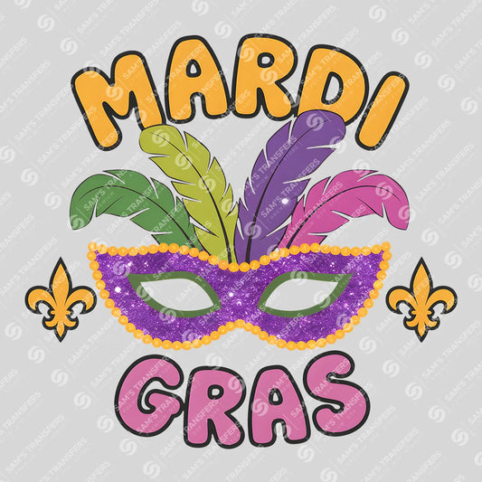 Apparel featuring a Mardi Gras Feather Mask-themed DTF transfer.