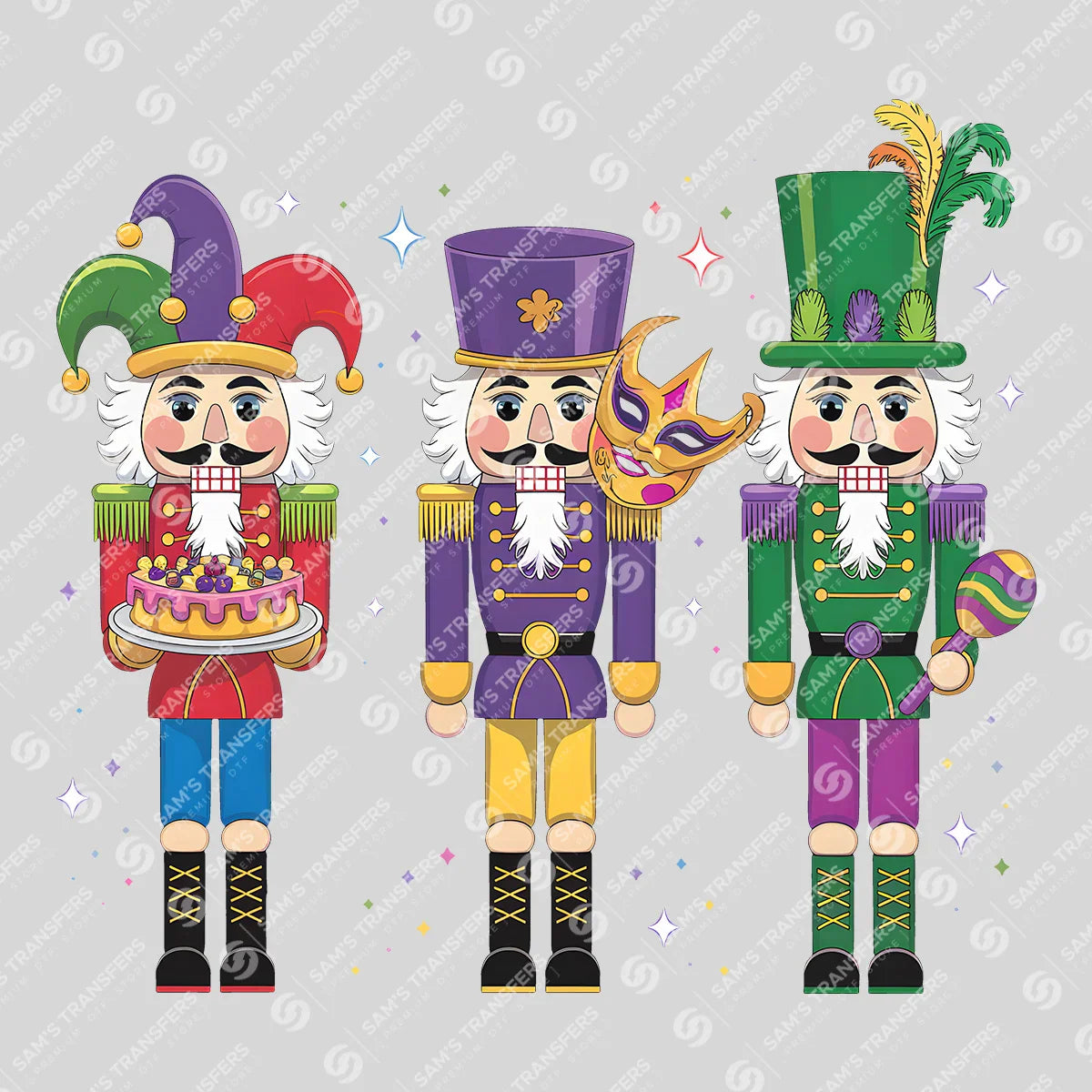 Apparel featuring a Mardi Gras Nutcrackers-themed DTF transfer.