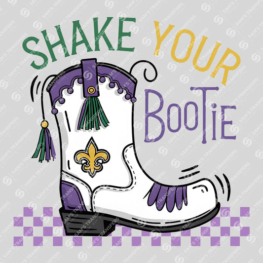 Apparel featuring a Shake Your Bootie-themed DTF transfer.