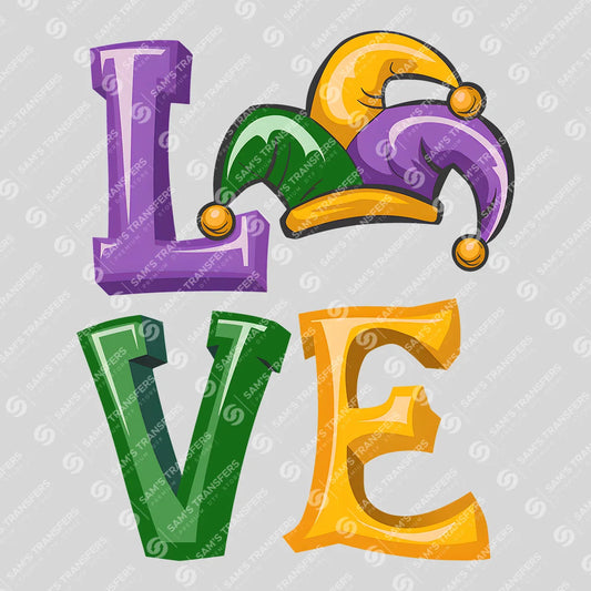 Apparel featuring a Mardi Gras Love Jester-themed DTF transfer.