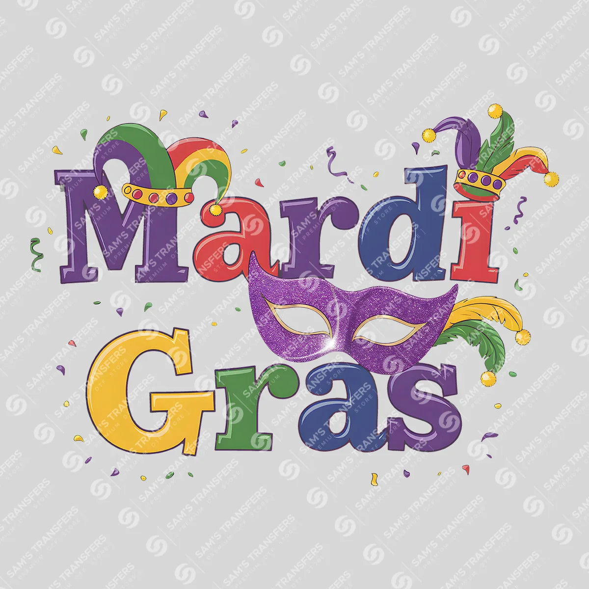 Apparel featuring a Mardi Gras Glitter Mask-themed DTF transfer.