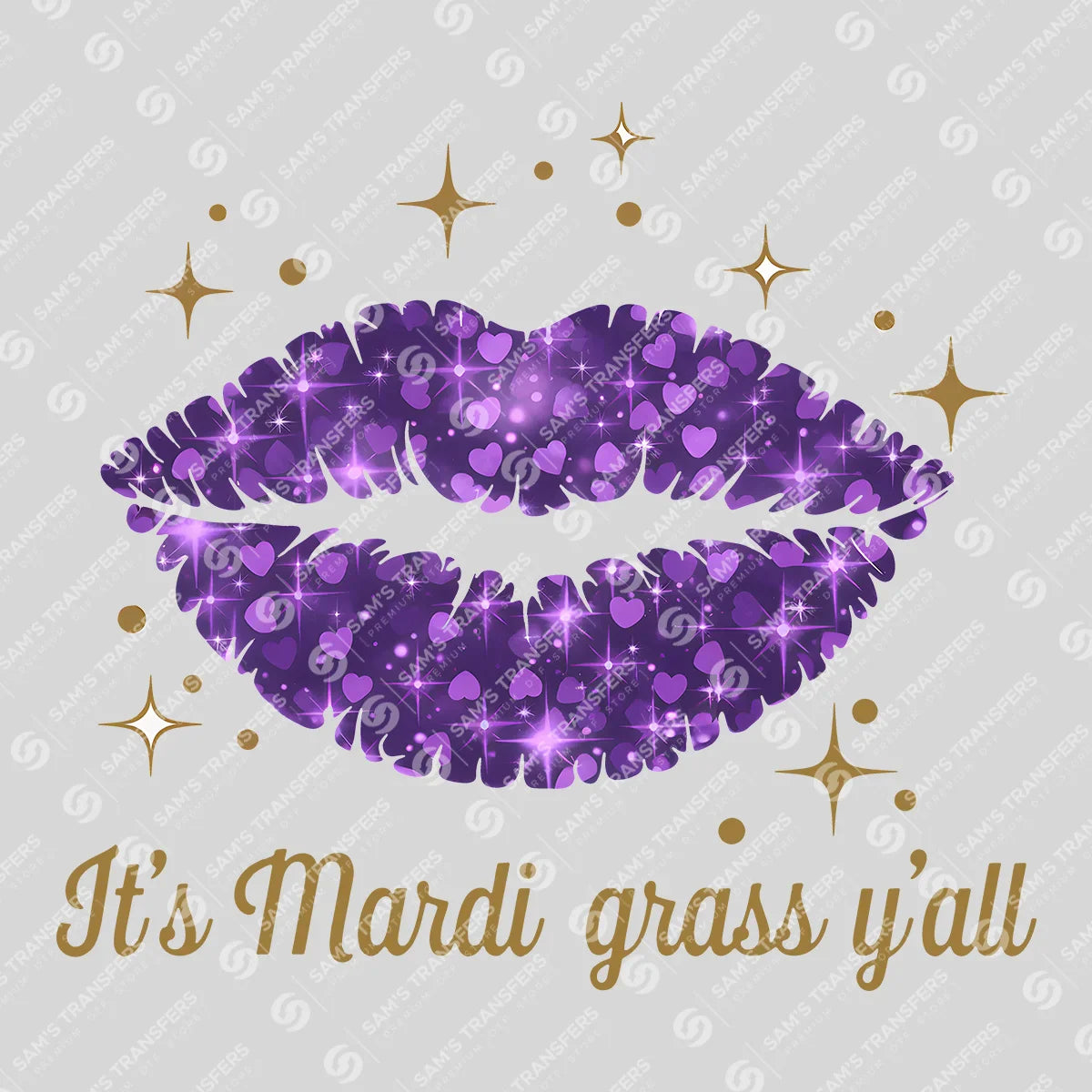 Apparel featuring a Mardi Gras Glitter Lips-themed DTF transfer.