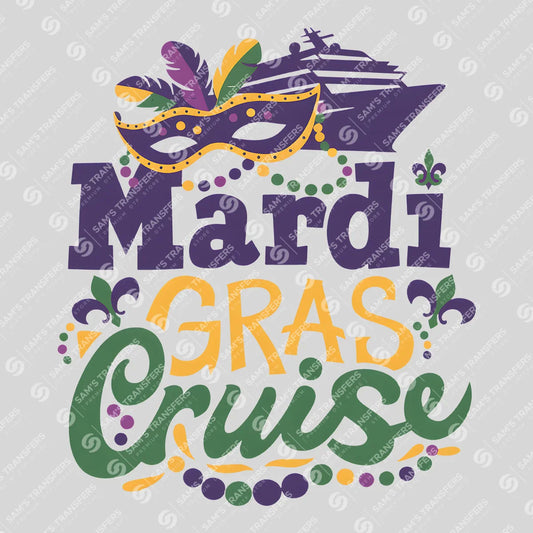Apparel featuring a Mardi Gras Cruise-themed DTF transfer.