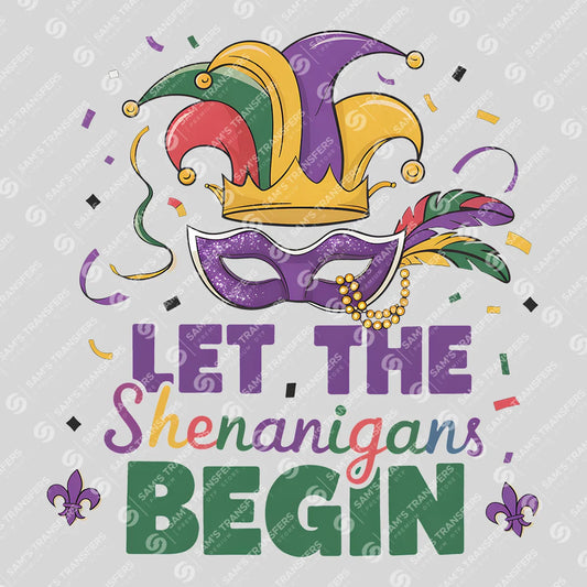 Apparel featuring a Let The Shenanigans Begin Jester-themed DTF transfer.