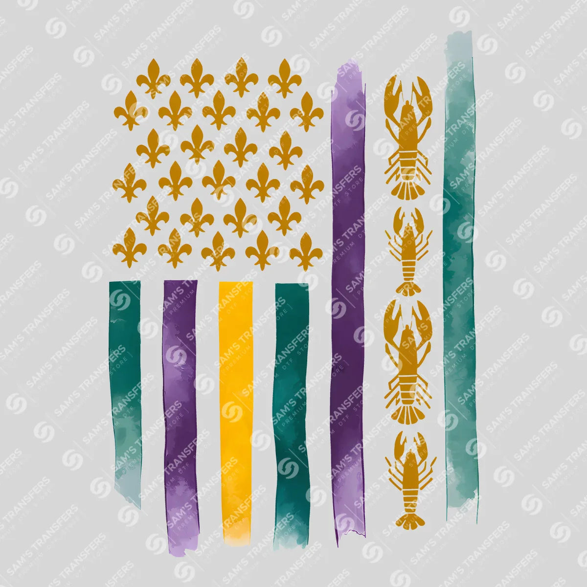 Apparel featuring a Mardi Gras Crawfish Flag-themed DTF transfer.