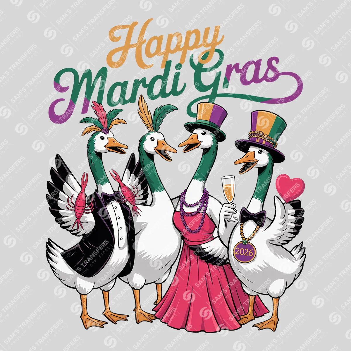Apparel featuring a Happy Mardi Gras Geese-themed DTF transfer.