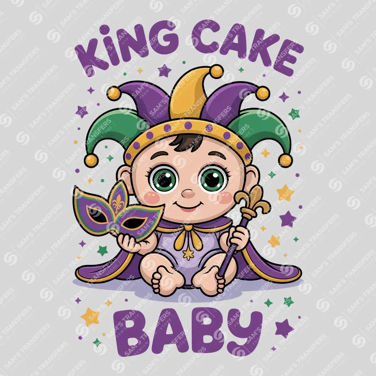 Apparel featuring a King Cake Baby-themed DTF transfer.