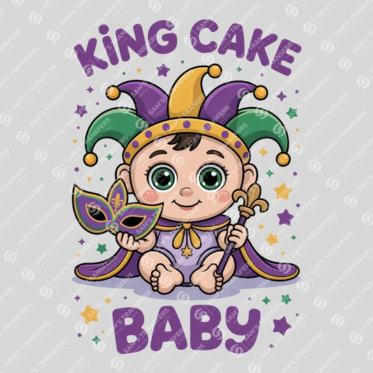 Apparel featuring a King Cake Baby-themed DTF transfer.