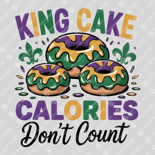 Apparel featuring a King Cake Calories Don't Count Donuts-themed DTF transfer.