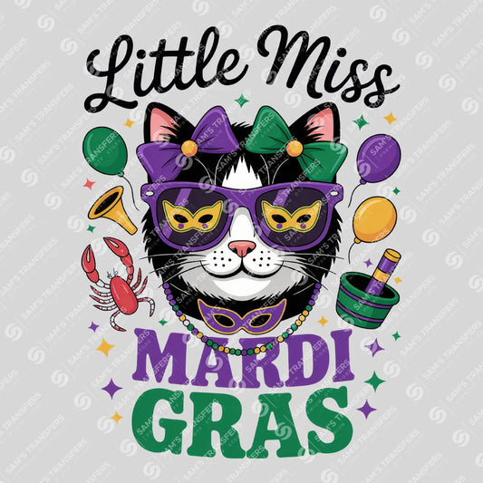 Apparel featuring a Little Miss Mardi Gras Cat-themed DTF transfer.