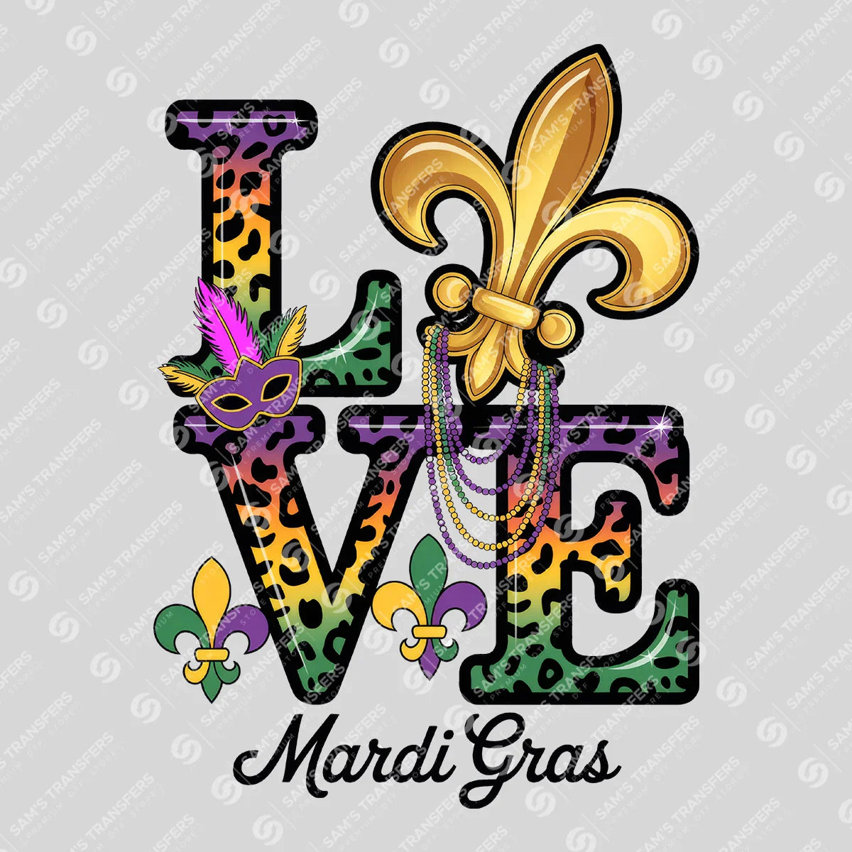 Apparel featuring a Love Mardi Gras Leopard-themed DTF transfer.