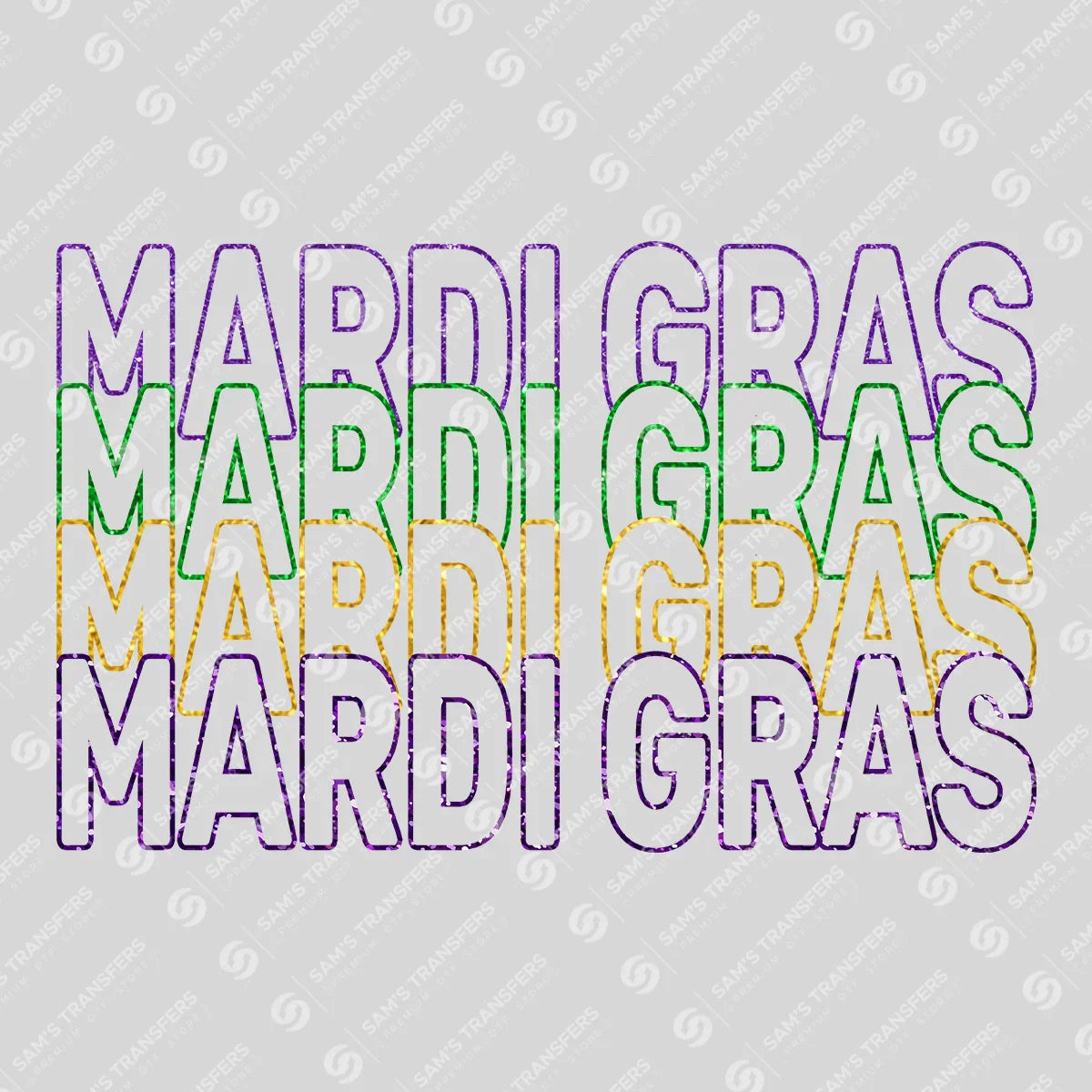 Apparel featuring a Mardi Gras Stacked Outline-themed DTF transfer.