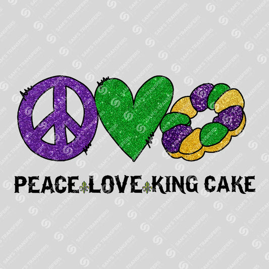 Apparel featuring a Peace Love King Cake-themed DTF transfer.