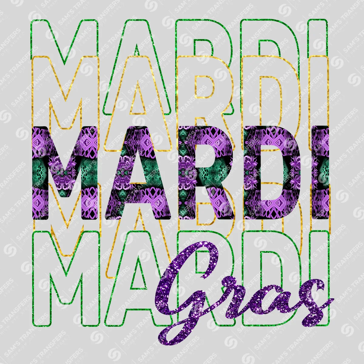 Apparel featuring a Mardi Gras Leopard Stacked-themed DTF transfer.