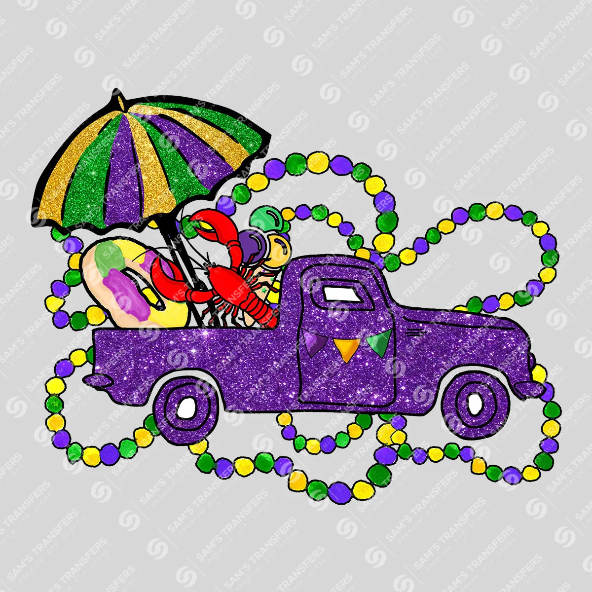 Apparel featuring a Mardi Gras Crawfish Truck-themed DTF transfer.