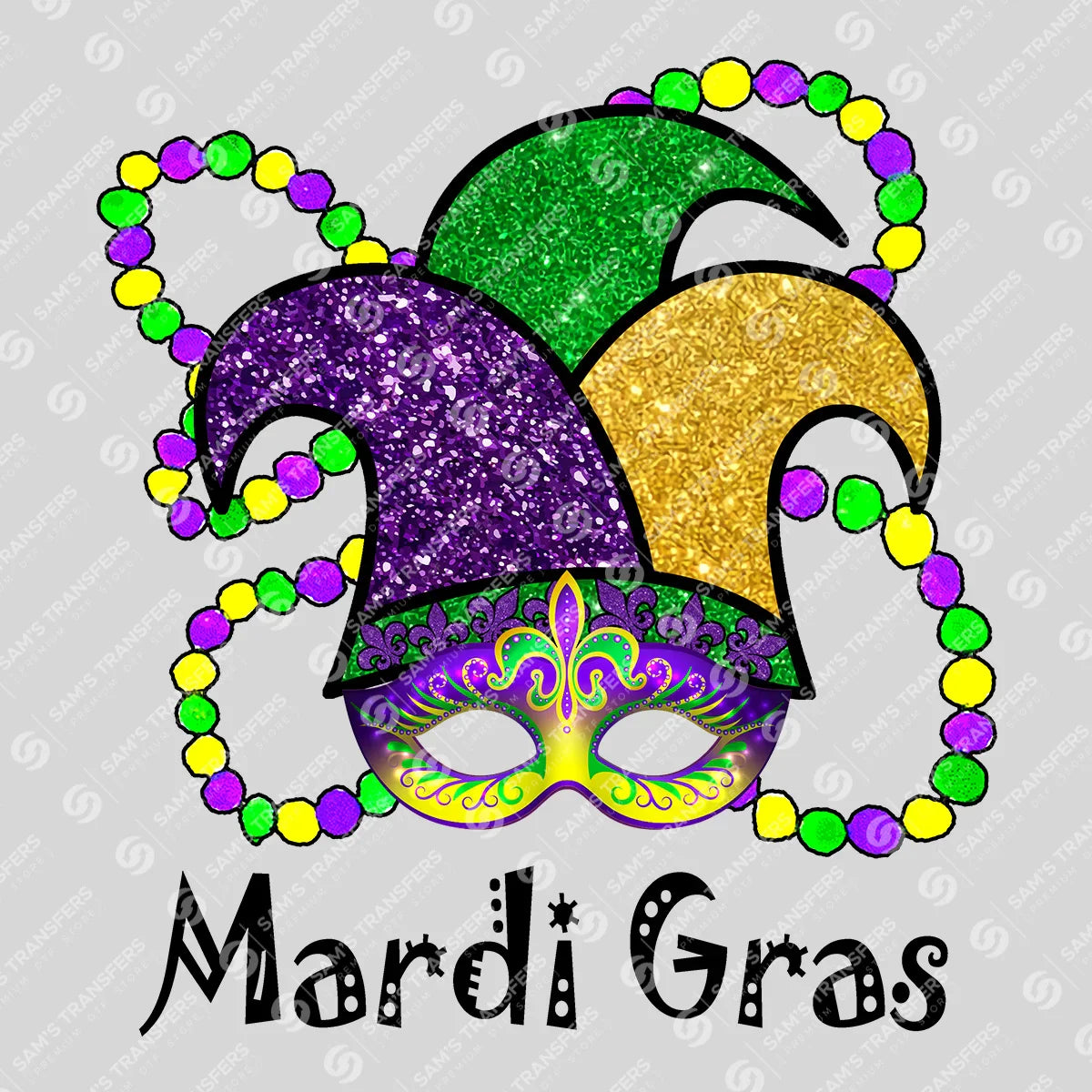 Apparel featuring a Mardi Gras Jester Mask Beads-themed DTF transfer.