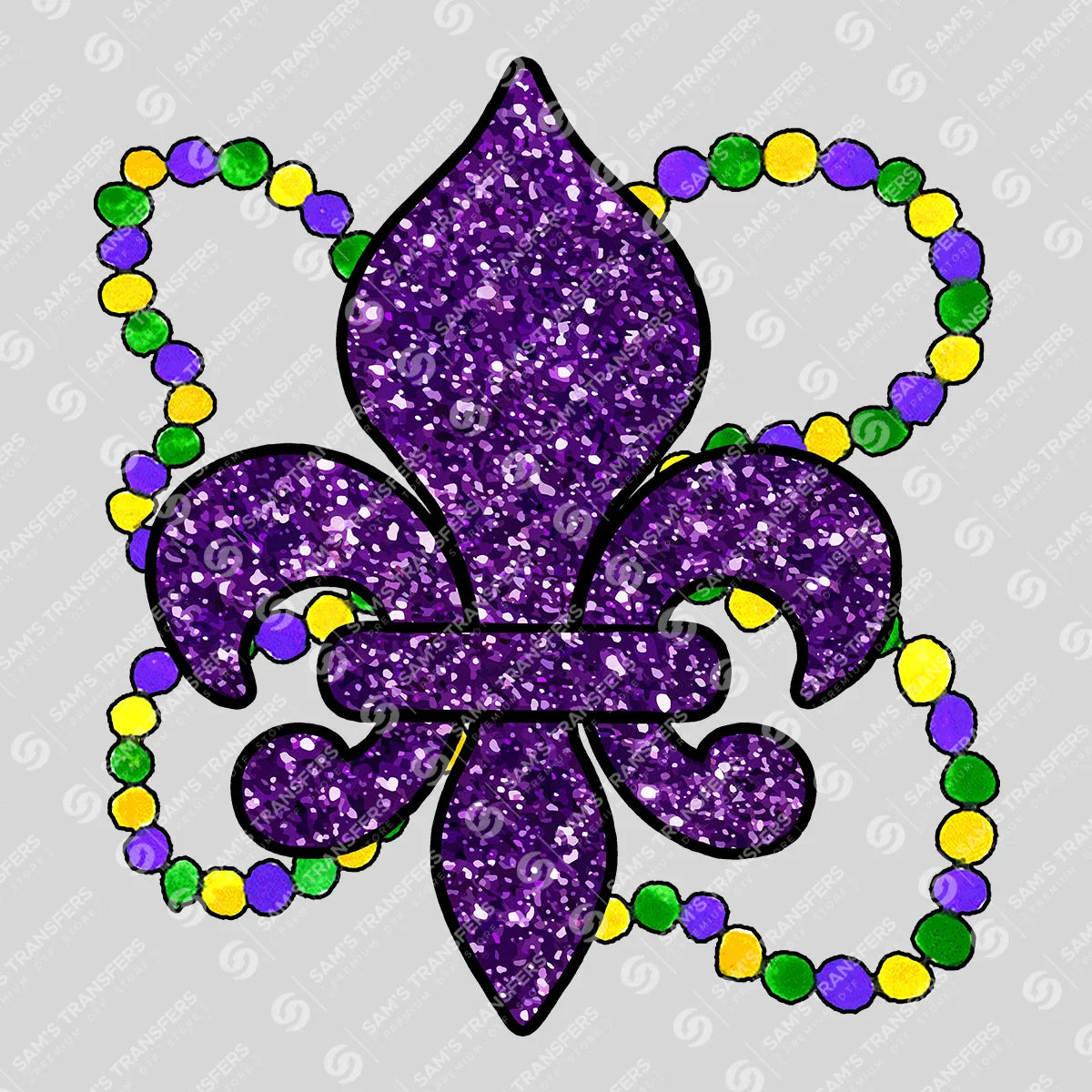 Apparel featuring a Mardi Gras Glitter Fleur De Lis-themed DTF transfer.