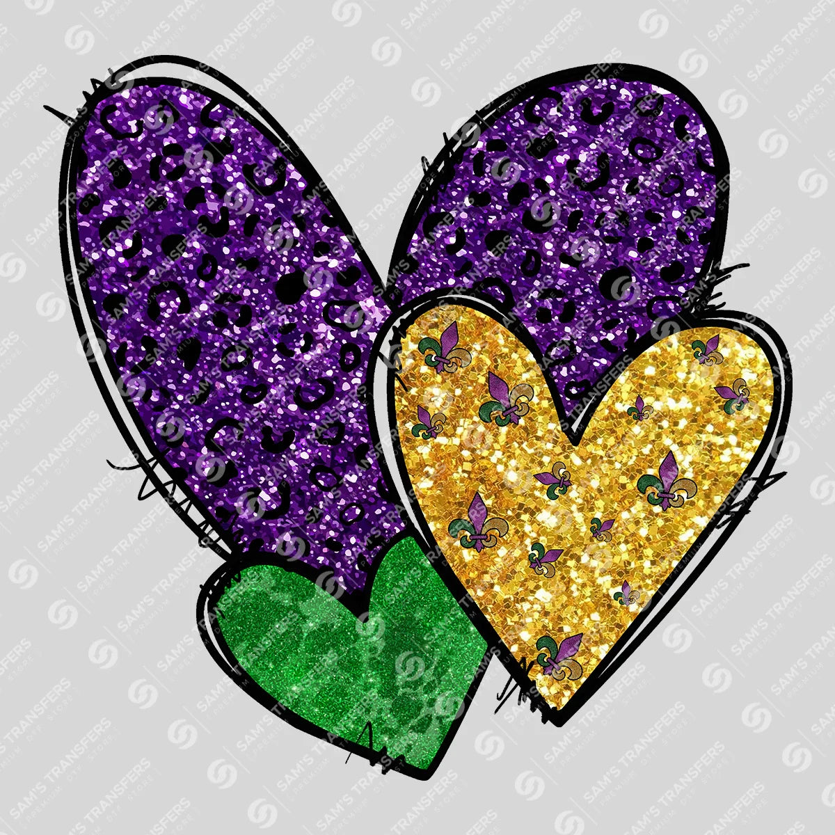 Apparel featuring a Mardi Gras Glitter Hearts-themed DTF transfer.