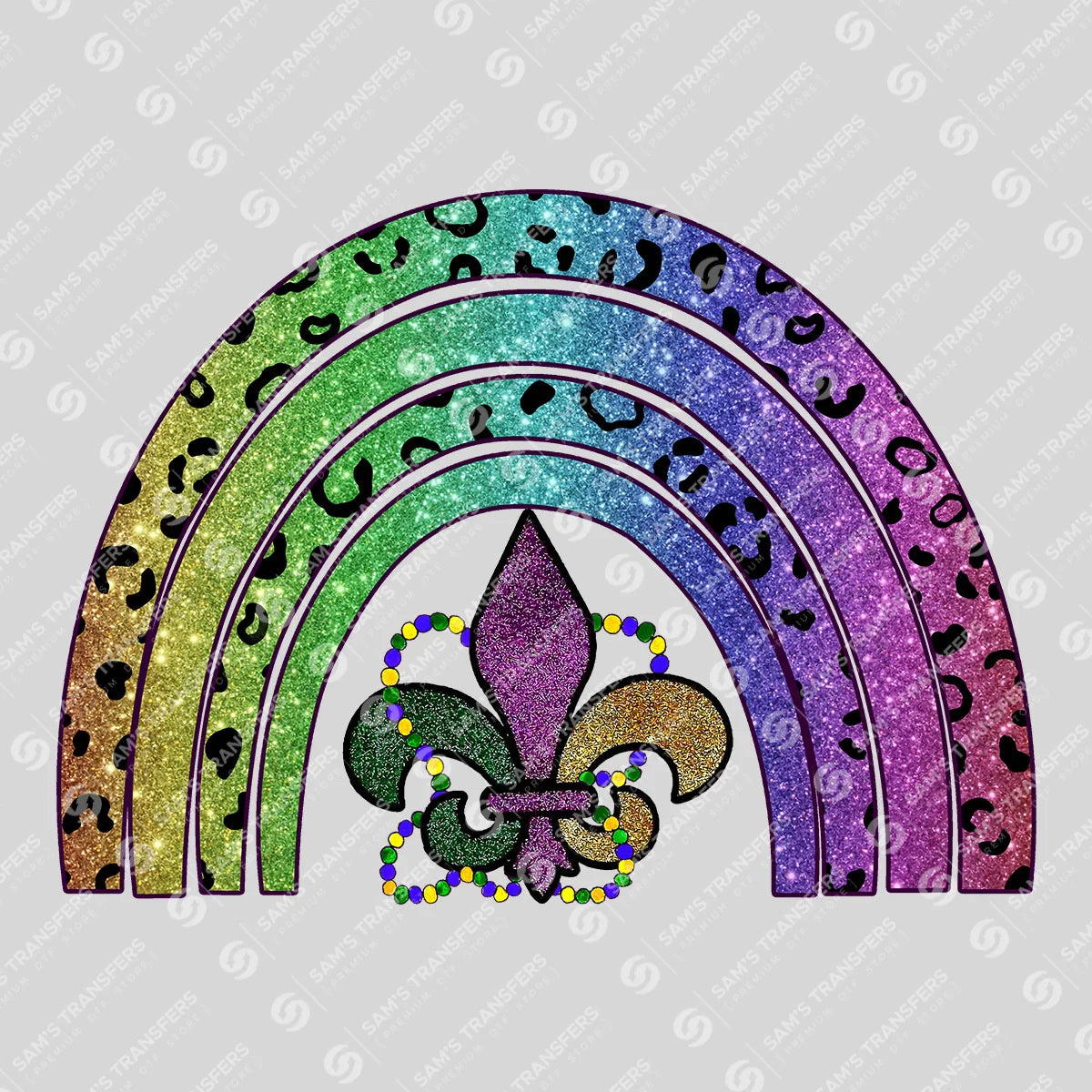 Apparel featuring a Mardi Gras Leopard Rainbow-themed DTF transfer.