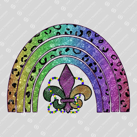 Apparel featuring a Mardi Gras Leopard Rainbow-themed DTF transfer.