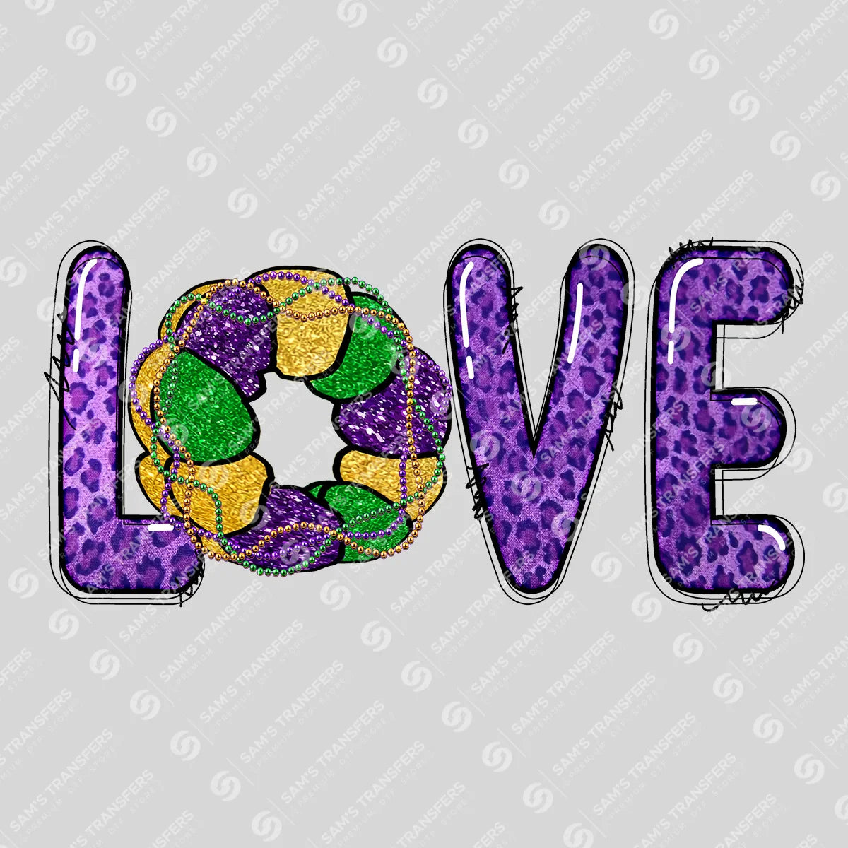 Apparel featuring a Love King Cake Leopard-themed DTF transfer.