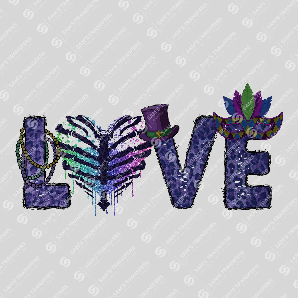 Apparel featuring a Mardi Gras Love Skeleton-themed DTF transfer.