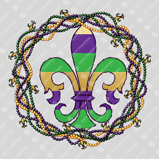 Apparel featuring a Mardi Gras Fleur De Lis Wreath-themed DTF transfer.