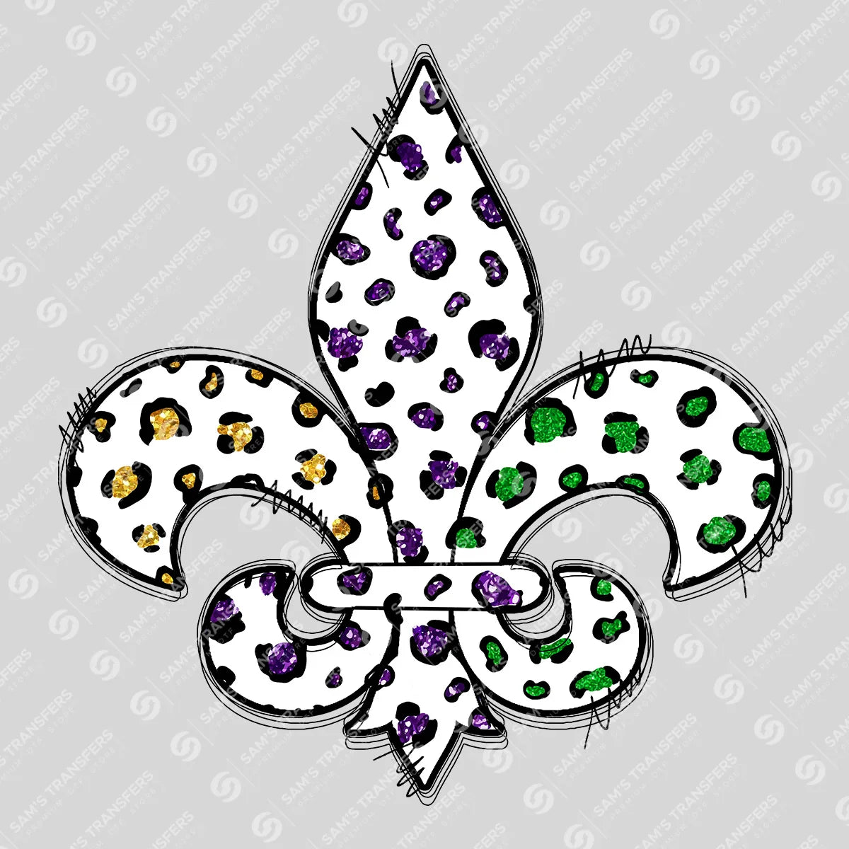 Apparel featuring a Mardi Gras Leopard Fleur De Lis-themed DTF transfer.