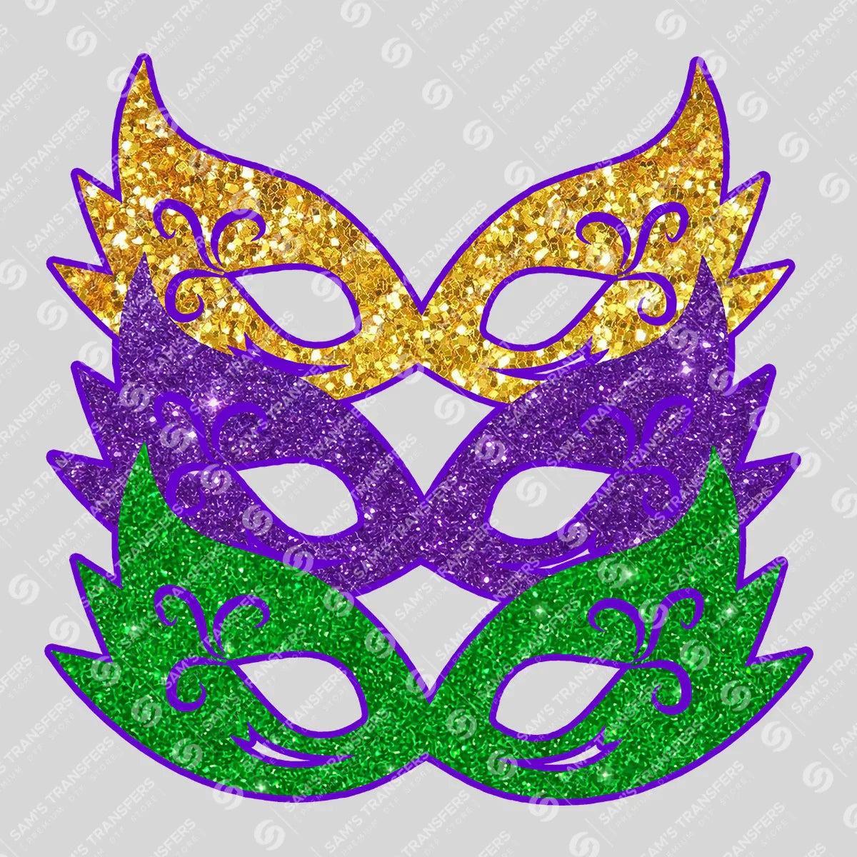 Apparel featuring a Mardi Gras Glitter Masks Trio-themed DTF transfer.
