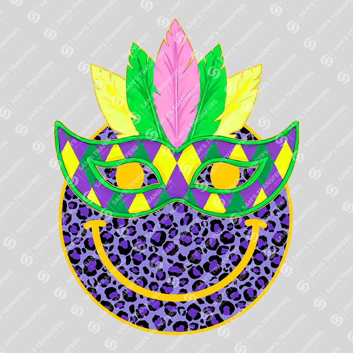 Apparel featuring a Mardi Gras Leopard Smiley-themed DTF transfer.