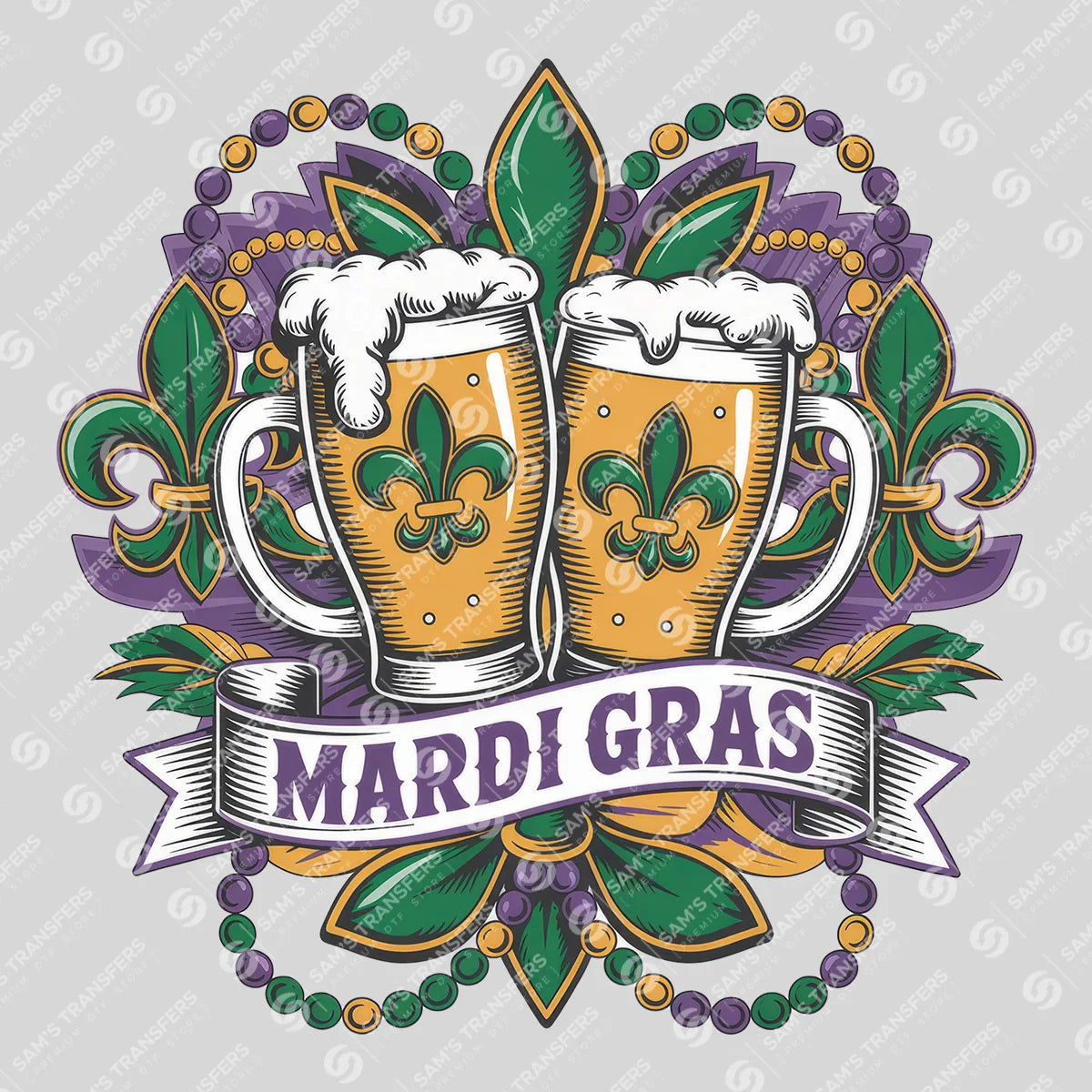 Apparel featuring a Mardi Gras Beer Cheers-themed DTF transfer.