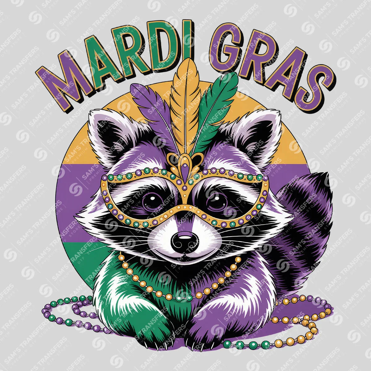 Apparel featuring a Mardi Gras Raccoon-themed DTF transfer.