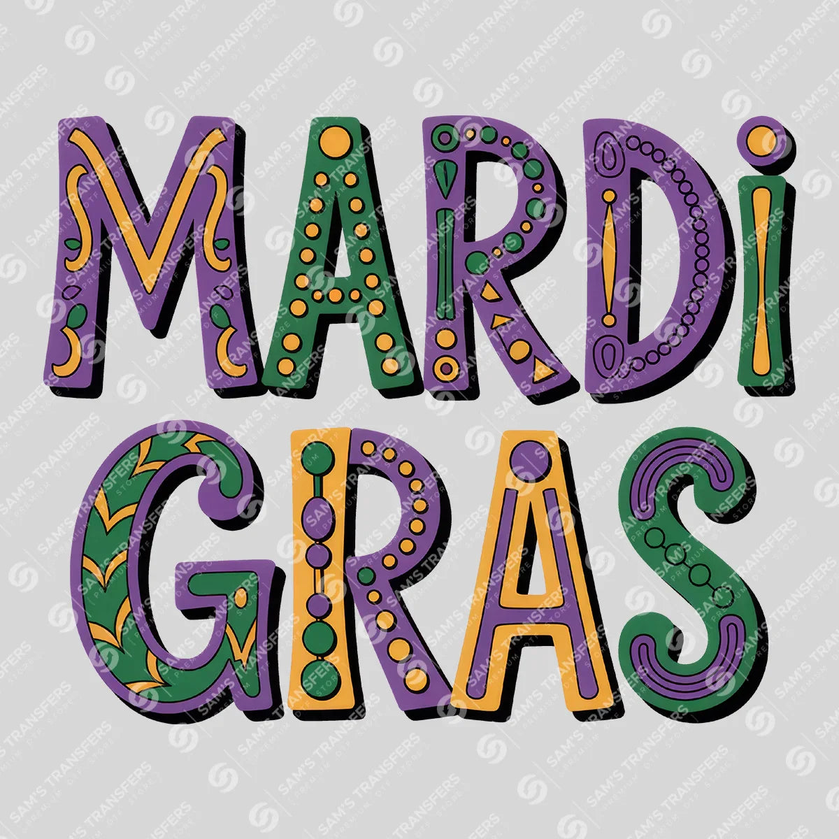 Apparel featuring a Mardi Gras Folk Art-themed DTF transfer.