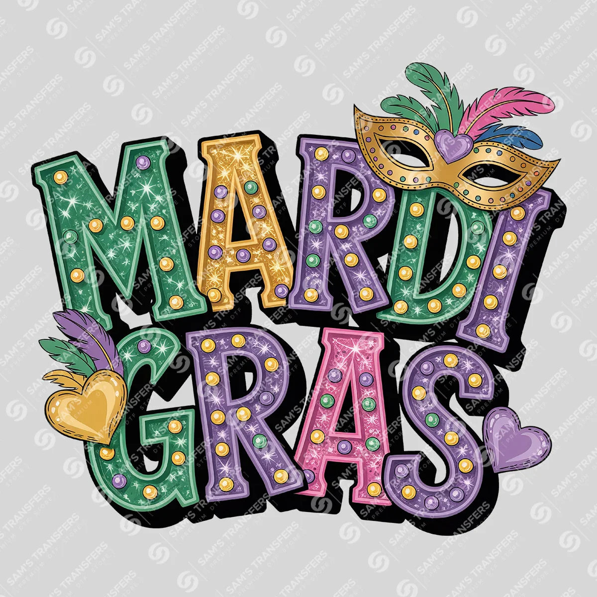 Apparel featuring a Mardi Gras Jeweled Mask-themed DTF transfer.