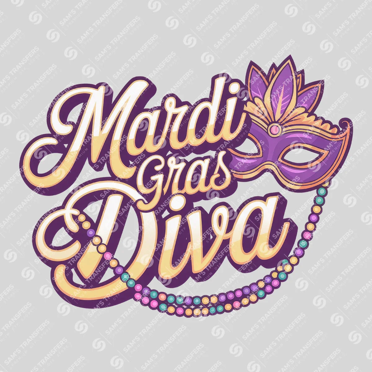 Apparel featuring a Mardi Gras Diva-themed DTF transfer.