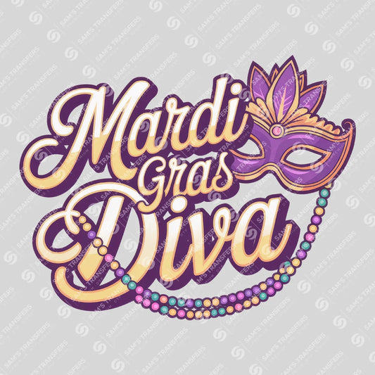 Apparel featuring a Mardi Gras Diva-themed DTF transfer.