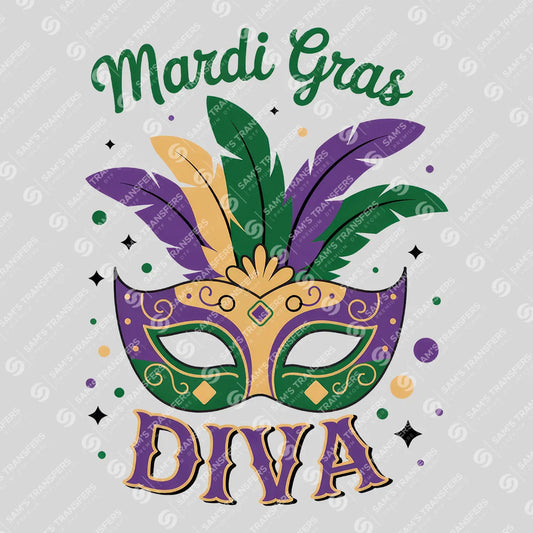 Apparel featuring a Mardi Gras Diva Feather Mask-themed DTF transfer.